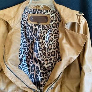 Brown synthetic leather jacket with leopard lining charming Charlie